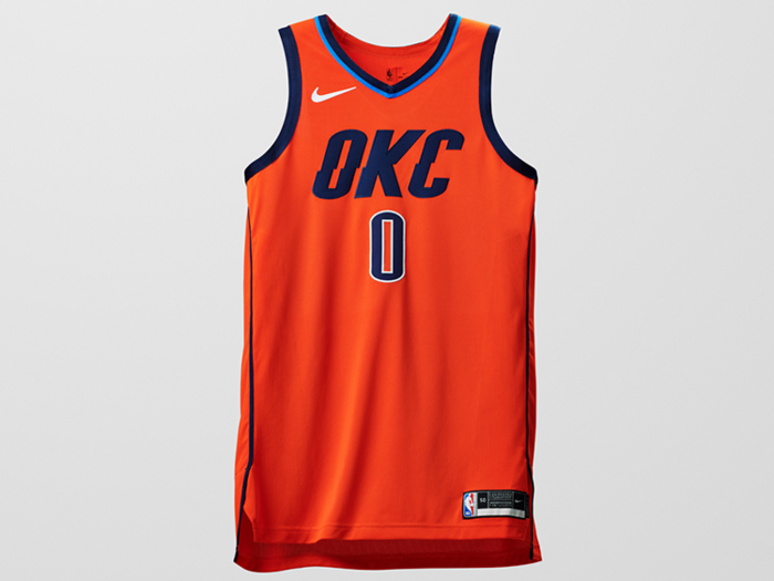 The Oklahoma City Thunder brought the cracked "OKC" lettering from their Statement Edition uniforms to a bright orange base for their latest eye-popping threads.