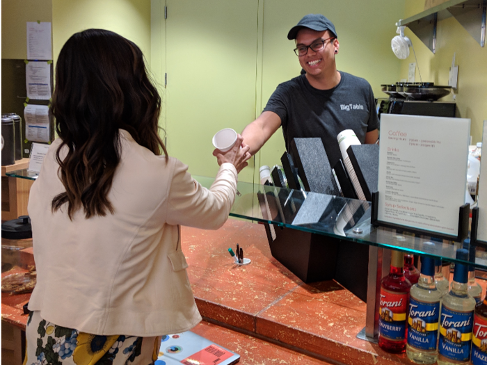 Rincon gets to work between 8:30 and 9:30 a.m., depending on Bay Area traffic. The first thing she does is get an almond milk latté from the café — for free, of course, as one of the perks of being a Google employee. Her barista, Juan, knows her order by heart.