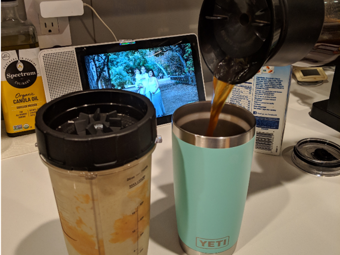 When she has the time, she makes a protein shake with peanut butter, almond milk, bananas and kale to get a healthy start to her day. She takes it in the car with her along with her coffee.