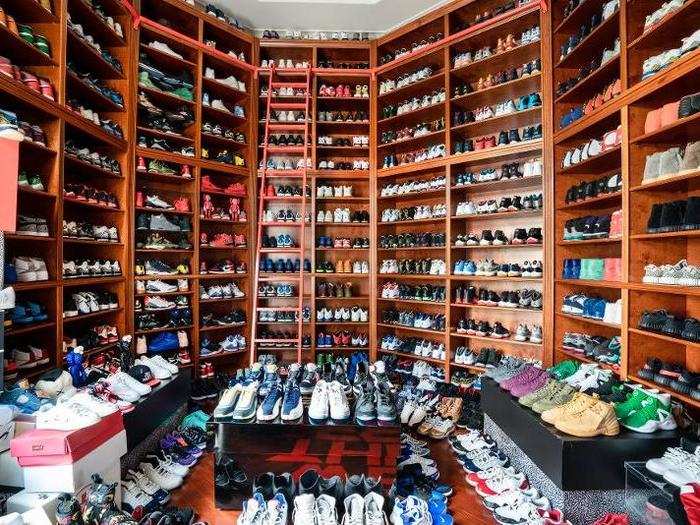 But arguably its most standout feature is the enormous sneaker closet, which is big enough to hold 500 pairs of sneakers. It even has a rolling library ladder for easy access.