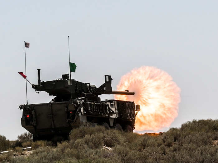 An M1128 Stryker Mobile Gun System with 1st Squadron, 82nd Cavalry Regiment, Oregon Army National Guard shoots its 105mm cannon during a live-fire exercise, part of the squadron’s annual training, on July 26, 2018 at Orchard Combat Training Center near Boise, Idaho.