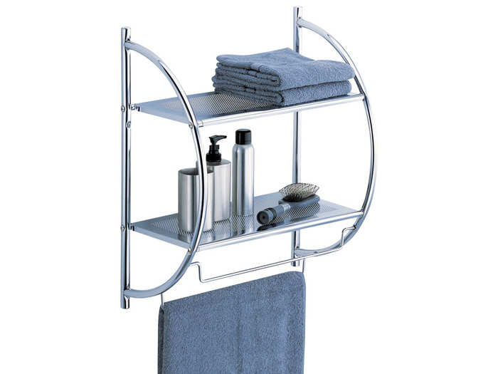 A two-tier shelf with added towel bars.