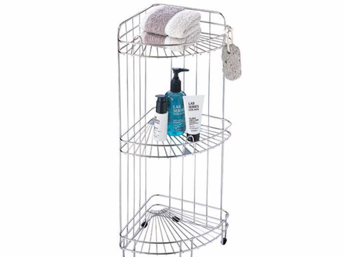 A three-tier corner shower caddy.