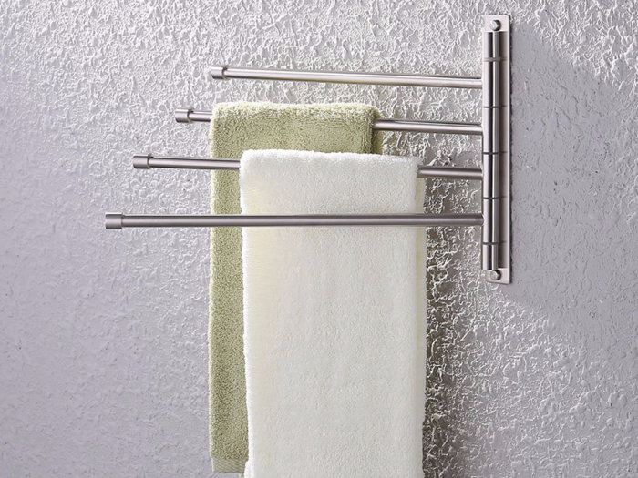 A folding swivel hanger for bathroom towels.