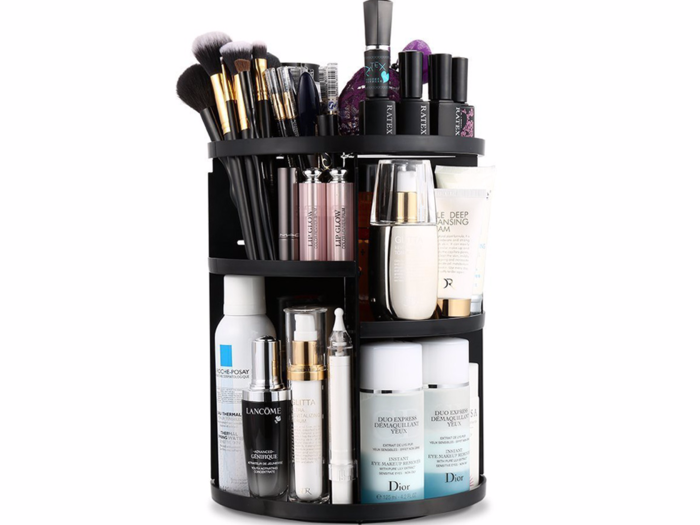 A makeup organizer to declutter the bathroom sink counter.