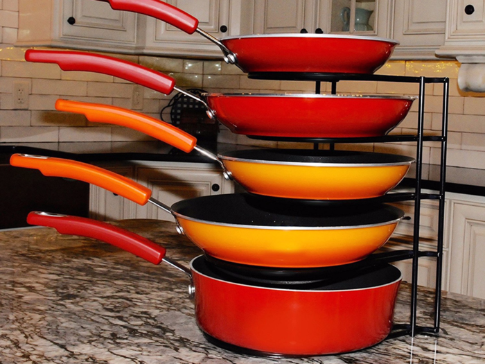 A heavy-duty pan organizer for lower cabinets or the countertop.