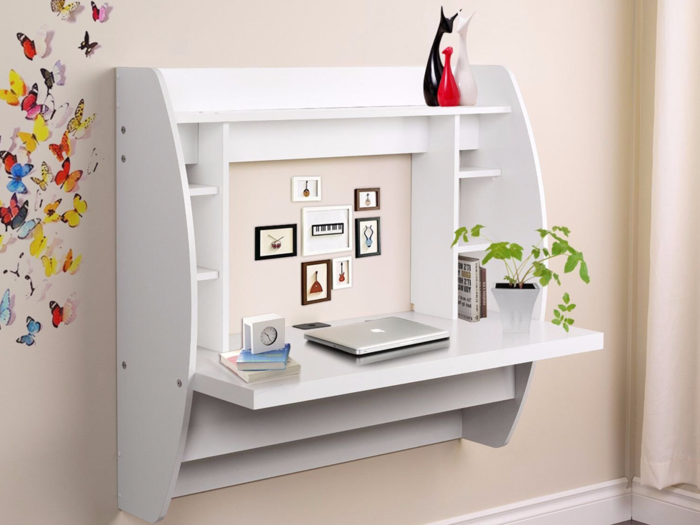 A mounted desk with tons of storage.