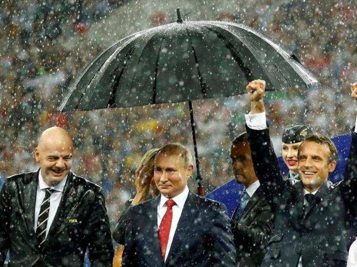 FIFA president Gianni Infantino, President of Russia Vladimir Putin, and President of France Emmanuel Macron at the 2018 World Cup.