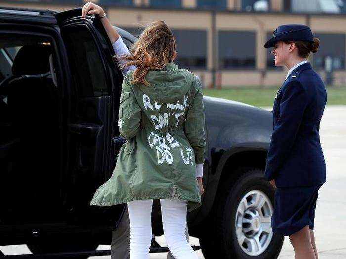 U.S. first lady Melania Trump arrives back in Washington from Texas wearing a jacket bearing the words "I Really Don