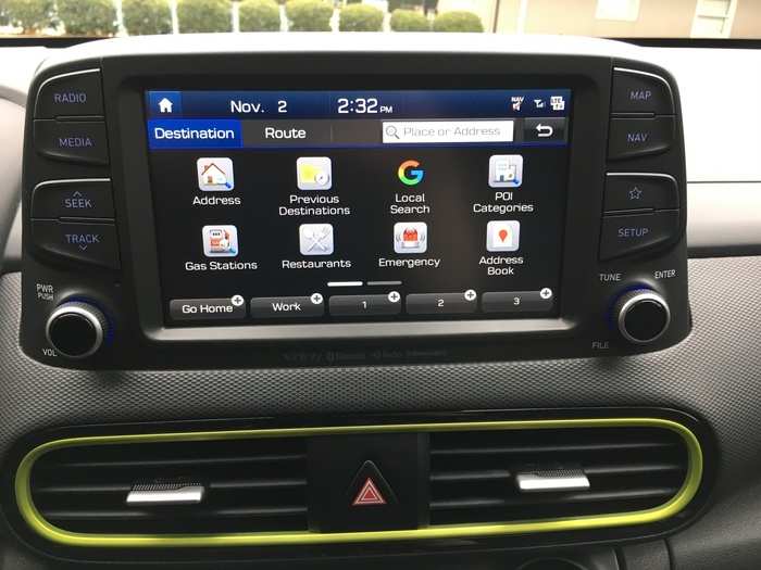 Our Ultimate trim Kona came equipped with an eight-inch touchscreen infotainment display. All other Kona trim levels come standard with a seven-inch unit.