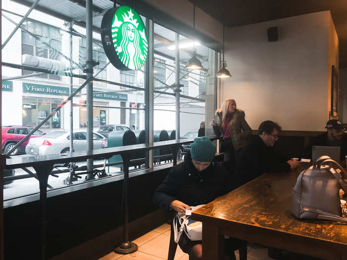 There were a few counters to stand at and one communal table, and a few cushioned benches in the back.