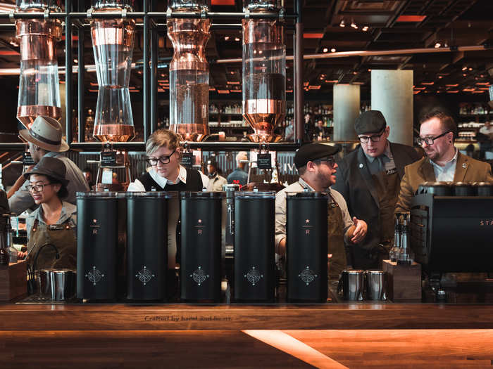 Also on the first floor was the main coffee bar. Five hourglass-like units hold the freshly roasted coffee beans that are used in each order. The selection rotates seasonally.