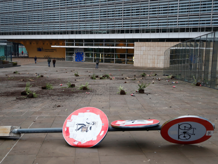 As the situation calmed, the damage to the streets of Brussels was visible.