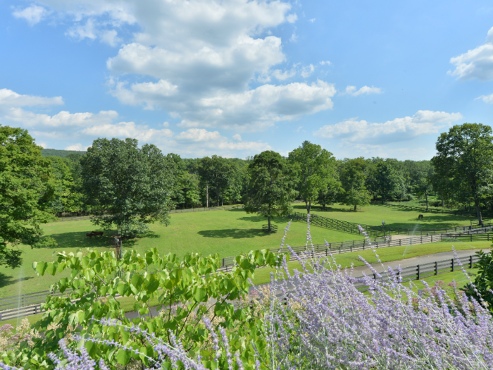 The 10-bedroom home sits on 46 acres of land. The main living floors open up to three outdoor terraces that offer scenic views of horse paddocks, athletic fields, rolling hillsides ...