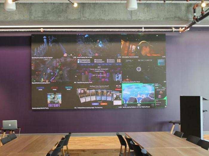 The dining area is also where Twitch holds its all-hands meeting every Thursday. The rest of the week, these screens play live Twitch channels.