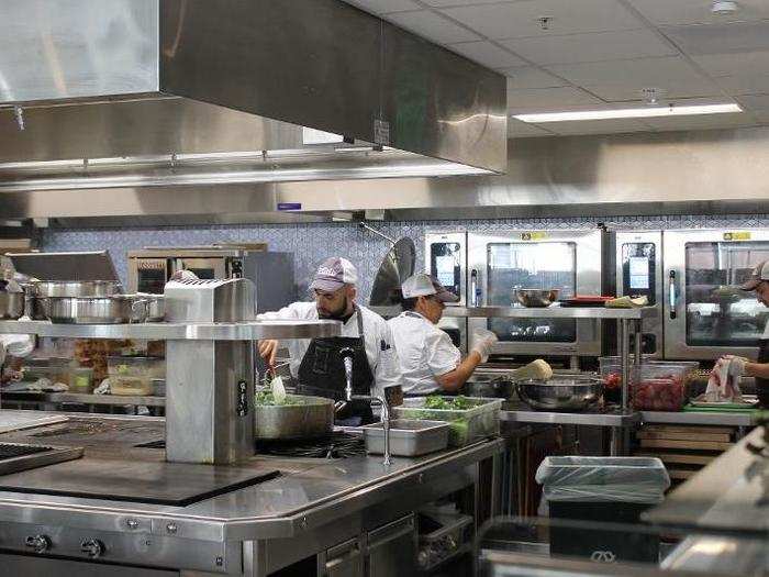 The office has a full commercial kitchen where roughly 2,000 meals are served each day, including breakfast, lunch, and dinner. Vegetarian and gluten-free options are always available as well.