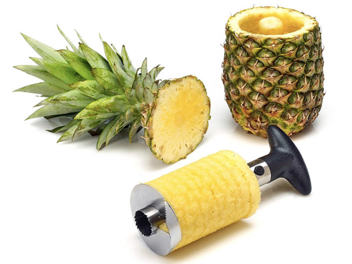 A tool that peels, slices, and cores a pineapple in seconds.