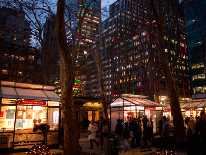 Even the surrounding buildings were lit up in festive red and green.