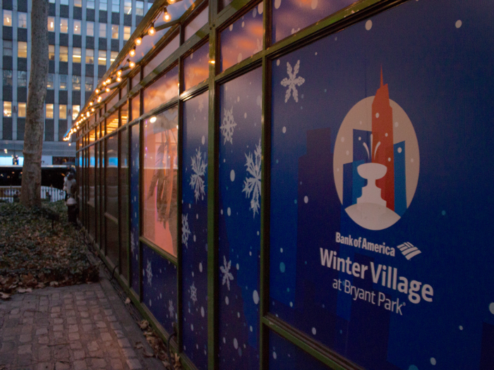 The Bank of America Winter Village at Bryant Park, which includes pop-up holiday shops, an ice skating rink, and a heated "lodge" with food and drinks, opened on October 27 this year. The holiday shops are open through January 2, while the rink and the lodge will close after March 3, 2019.