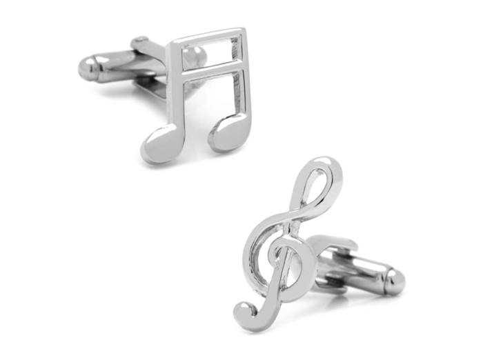 Cufflinks shaped like a sixteenth note and treble clef