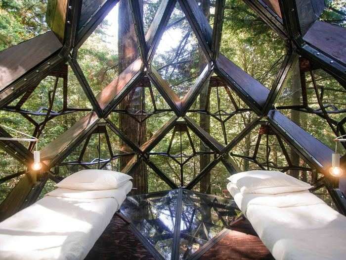 The treehouse includes a single bedroom and bathroom, but there