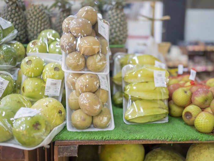 There were more than a few fruits I had never seen before, like the starfruit (second from the right). I bought a package. Starfruit tastes like a cross between an apple, grapes, and citrus fruits. Unexpected, but delicious.