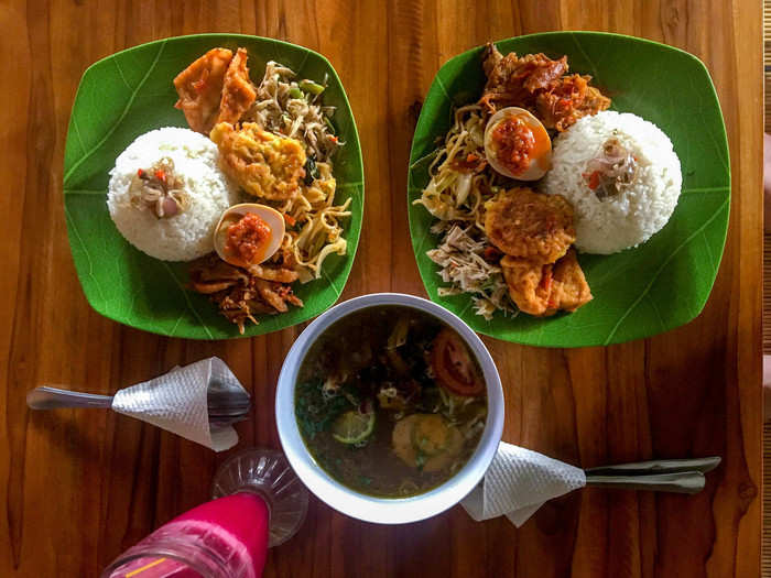 The next morning, I walked in to another neighborhood warung for brunch. I ordered the nasi campur, an Indonesian dish consisting of a scoop of white rice, and then small portions of various side dishes like vegetables, fish, and meats.