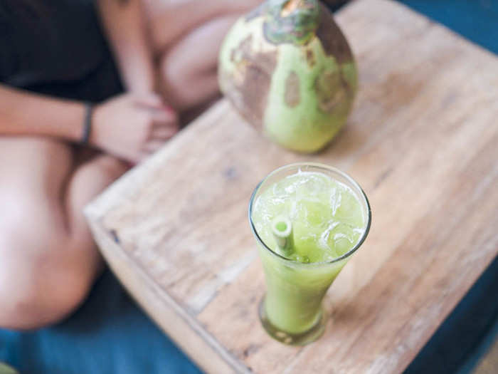 Like a lot of places around Ubud, the food tends toward vegetarian and vegan. The natural juices, like the Gaga Green (cucumber, kale, celery, bok choy, parsley) are delicious and run for 35,000 IDR to 45,000 IDR ($2.40 to $3.10).