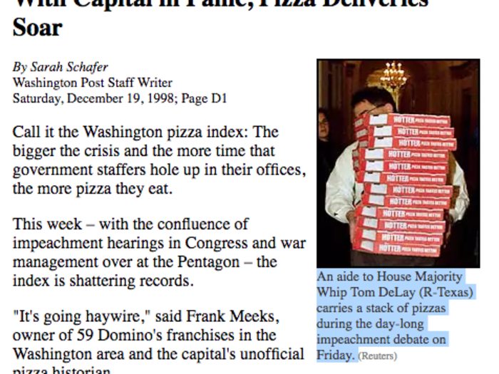 That morning, the Washington Post reported that pizza deliveries in the Capitol were booming that week due to staffers working late nights to prepare for the impeachment vote.