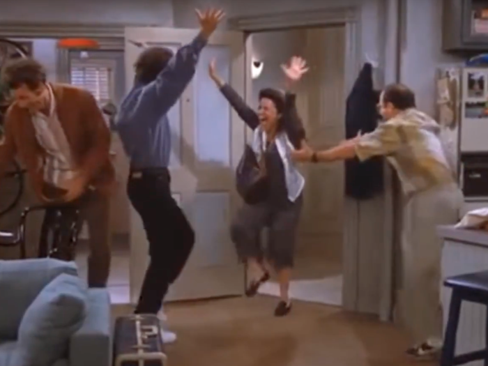 Elaine Benes (Julia Louis-Dreyfus) dancing in "Seinfeld," called "Jubilation" in "Fortnite"