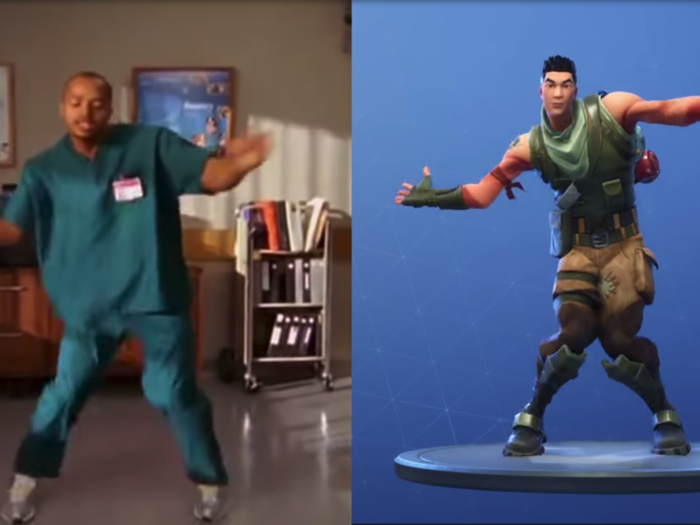 Turk (Donald Faison) in "Scrubs" dancing, called "Dance Moves" in "Fortnite"