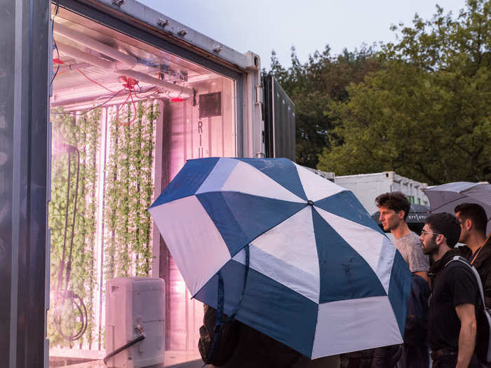 Even on a rainy day, visitors crowded around the steel shipping-containers that house Square Roots