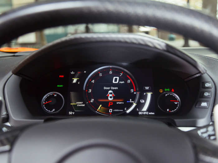 The 9-speed transmission is a racing-influenced, dual-clutch unit that can be run into auto mode or by flicking through gears with the steering-mounted paddle shifters. The instrument cluster is analog-digital, and pretty no-nonsense.