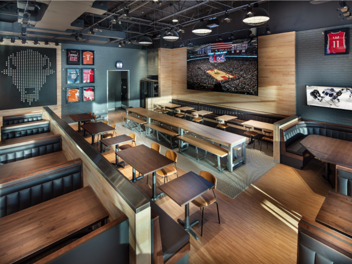 The dining area is larger than the bar and also mixes different styles of seating. The section can be opened up as bar overflow or sectioned off to allow people to sit and eat.