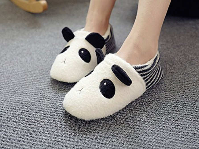 A pair of fuzzy animal slippers for lounging at home