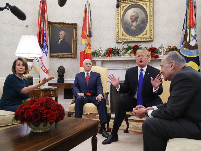 Dec. 11, 2018: Trump gets into a heated debate over the US-Mexico border wall during an Oval Office press conference with Senate Minority Leader Chuck Schumer, House Minority Leader Nancy Pelosi, and Vice President Mike Pence.