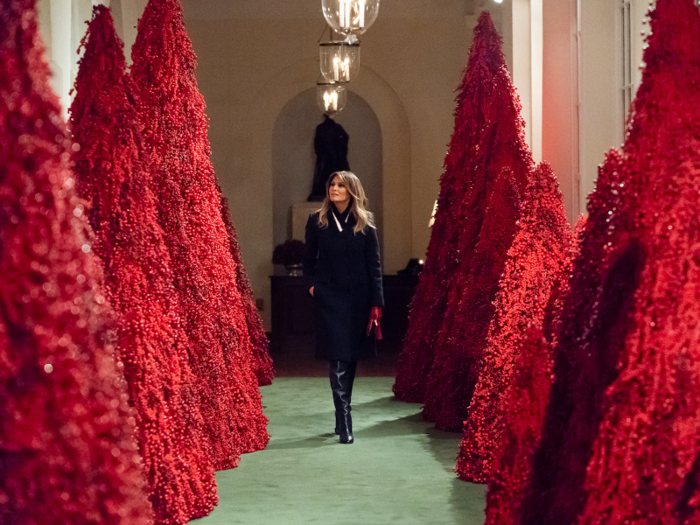 Nov. 25, 2018: First Lady Melania Trump reviews the Christmas decorations in the East Colonnade of the White House.