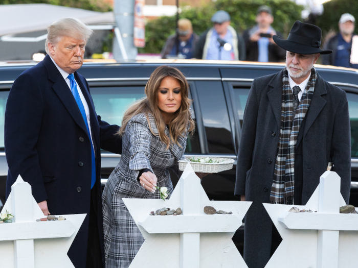 Oct. 30, 2018: President Donald J. Trump and First Lady Melania Trump visit a memorial outside the Tree of Life Congregation Synagogue in Pittsburgh, placing flowers and stones in remembrance of the victims of Saturday’s mass shooting.