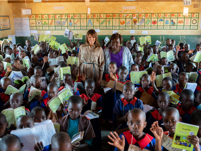 Oct. 4, 2018: Melania Trump and head teacher Maureen Masi pose with schoolchildren at the Chipala Primary School in Lilongwe, Malawi during Trump