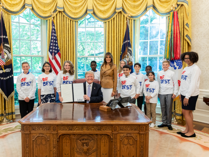 May 7, 2018: The Trumps pose with kids at the announcement of the First Lady’s Be Best initiative.