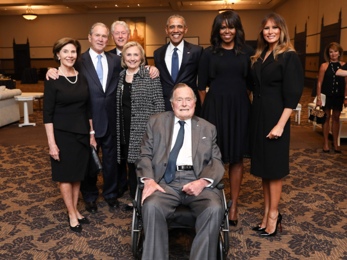 April 21, 2018: Former first lady Laura Bush, former President George W. Bush, former President Bill Clinton, former Secretary of State and first lady Hilary Clinton, former President Barack Obama, former President George H. W. Bush, former first lady Michelle Obama and current first lady Melania Trump pose for a group photo at the funeral ceremony for the late first lady Barbara Bush in Houston, Texas.