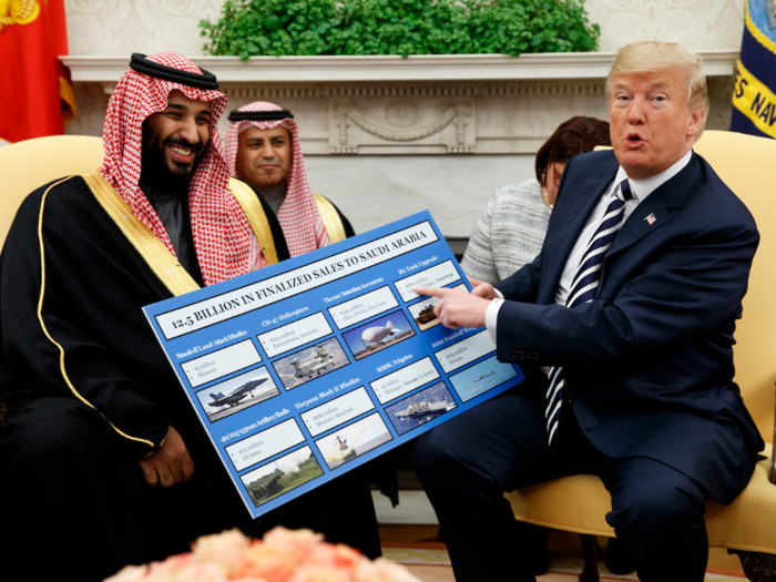 March 20, 2018: Trump holds a chart highlighting arms sales to Saudi Arabia during a meeting with Saudi Crown Prince Mohammed bin Salman in the Oval Office.