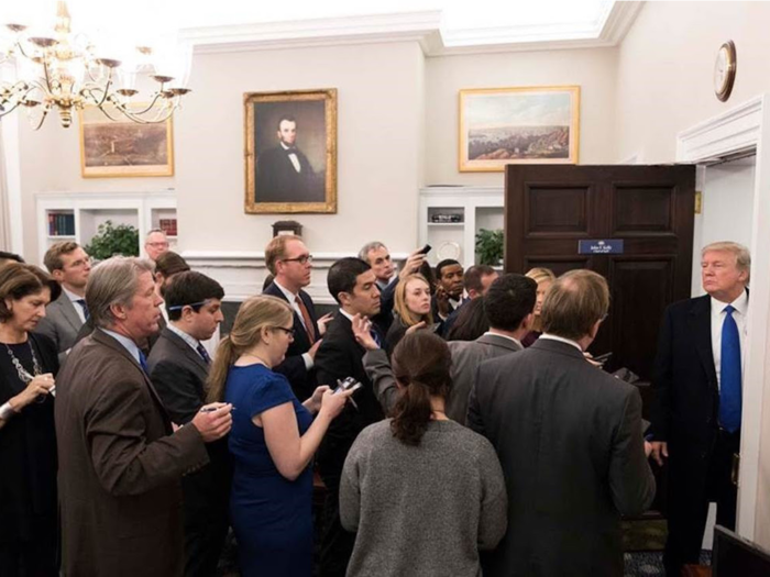 Jan 24., 2018: Trump speaks with reporters during a press briefing in White House Chief of Staff John Kelly’s office in the West Wing.