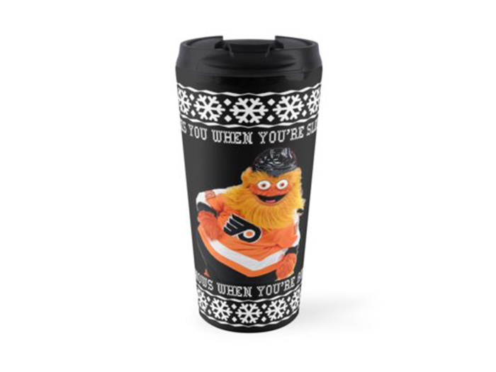 A threatening travel mug to remind anyone on the train that Gritty is watching them.