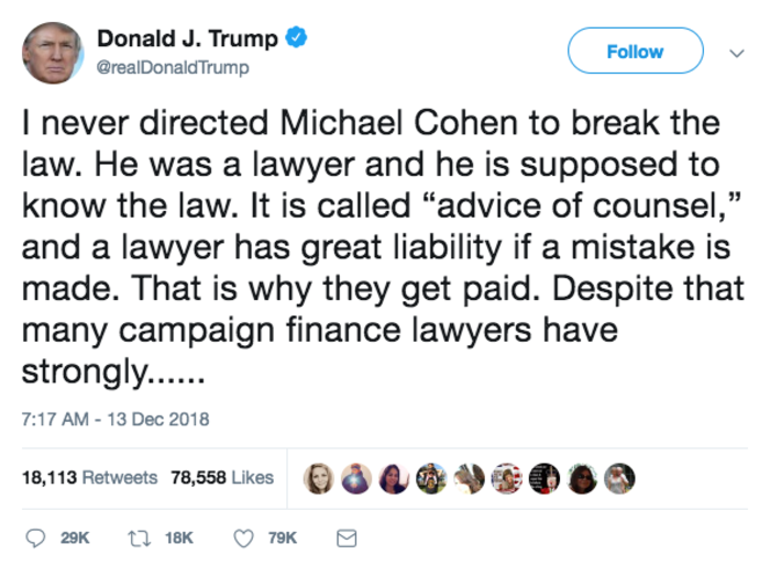 Trump tweeted he never directed Michael Cohen to break the law.