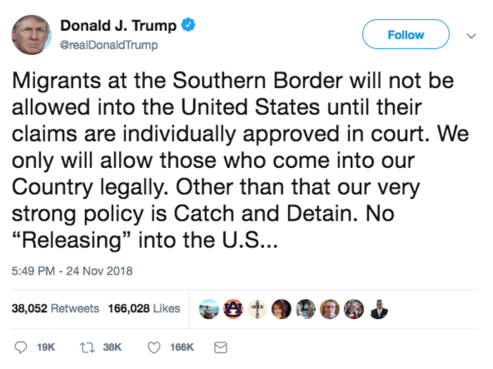 Trump says the U.S. must close its border with Mexico to avoid a "costly and dangerous situation."