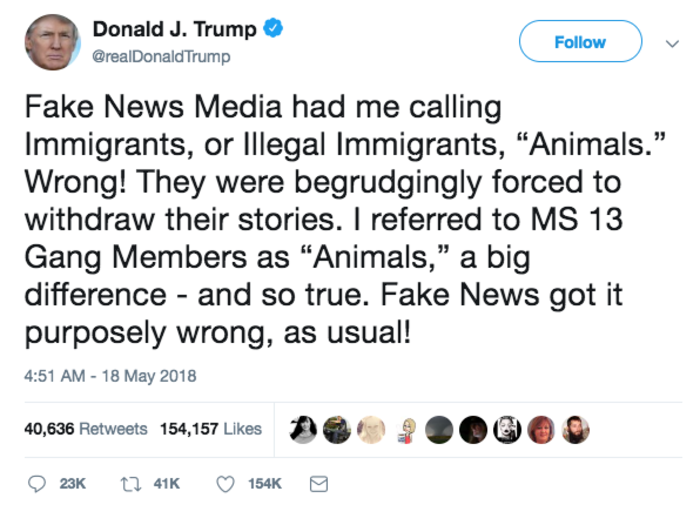 Trump responds to media claims that he called immigrants "animals" by clarifying that he called MS-13 members that.