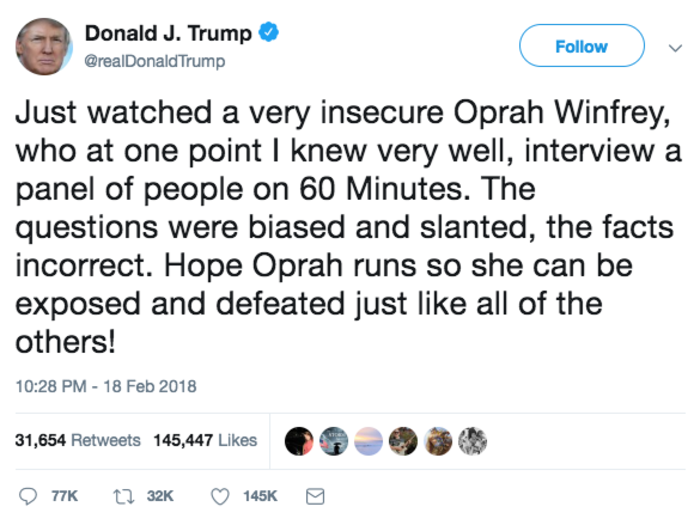 Trump says Oprah is insecure. She says "what?"