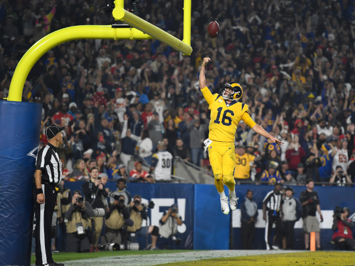 Los Angeles Rams quarterback Jared Goff celebrates a touchdown against the Kansas City Chiefs by shooting a layup through the uprights.