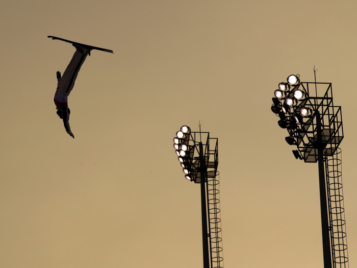 Lydia Lassila of Australia floats upside down, as freestyle skiers do.